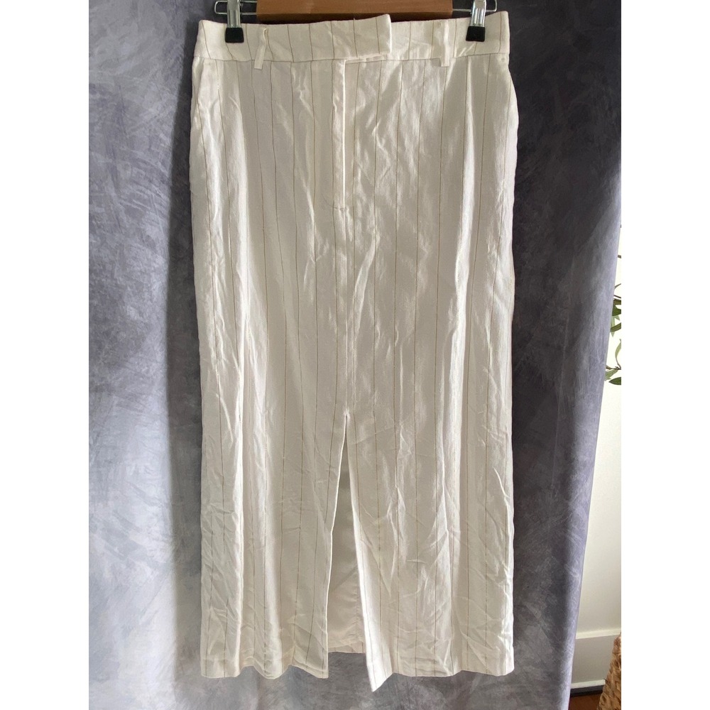 Rachel Zoe‎ White Gold Metallic Pinstripe Maxi Skirt Front Slit Size 4